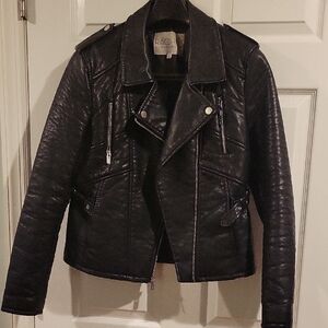 Rachel Roy Womens Black Faux Leather Jacket with Silver Hardware